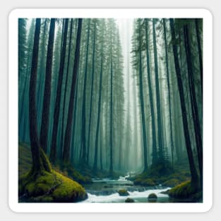 Misty Pine Forest River Rapids Sticker